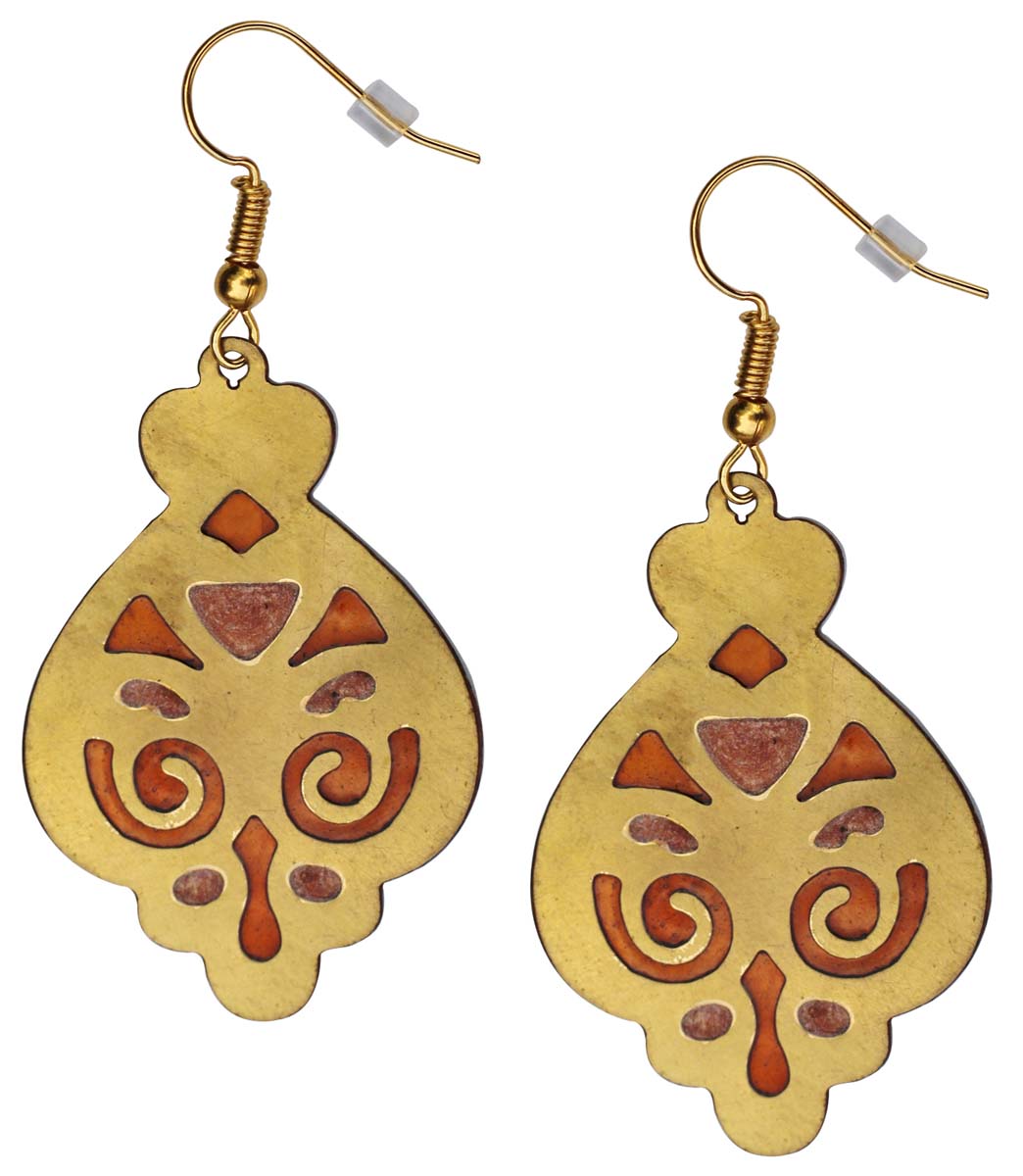 2.5” Pair of Golden Hook Earrings in Brass - Ethnic-Look Grooved Motifs - Drop Earrings / Women Fashion Jewelry - Buy in Bulk Wholesale